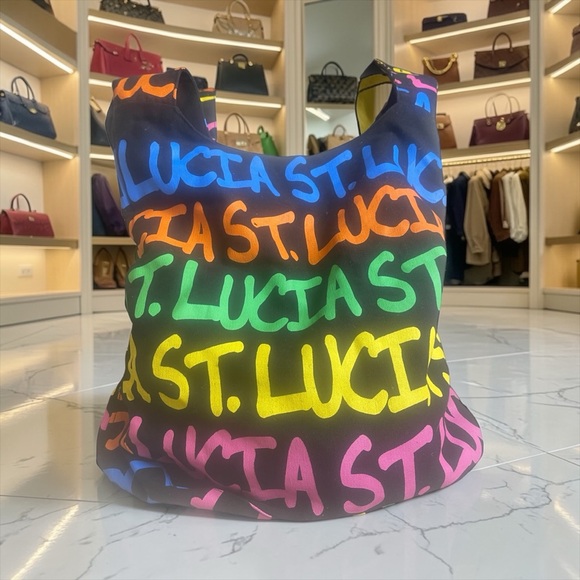 RimaSxm Handbags - Multicolor Graffiti Print Black Tote - St. Lucia Script Beach Boho Bag